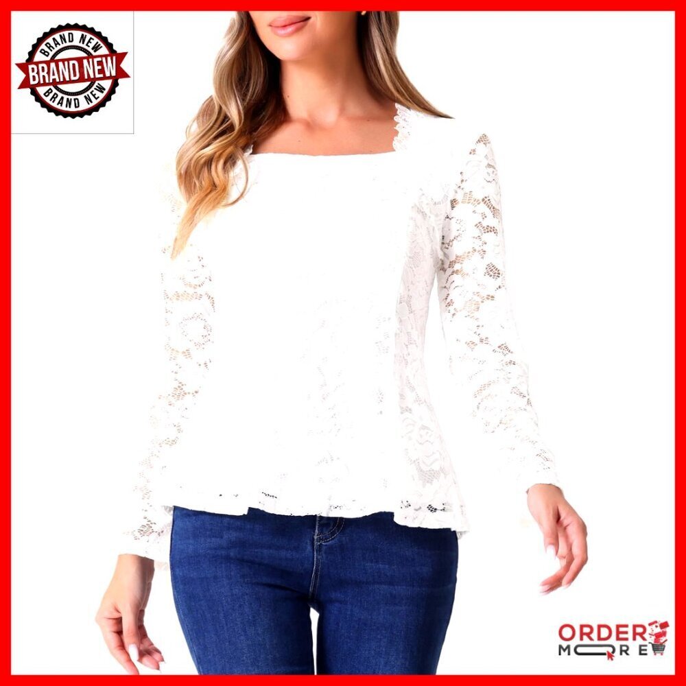 Lace Square Neck Long Sleeve Peplum Blouse, Stretch Fabric, Size XS
